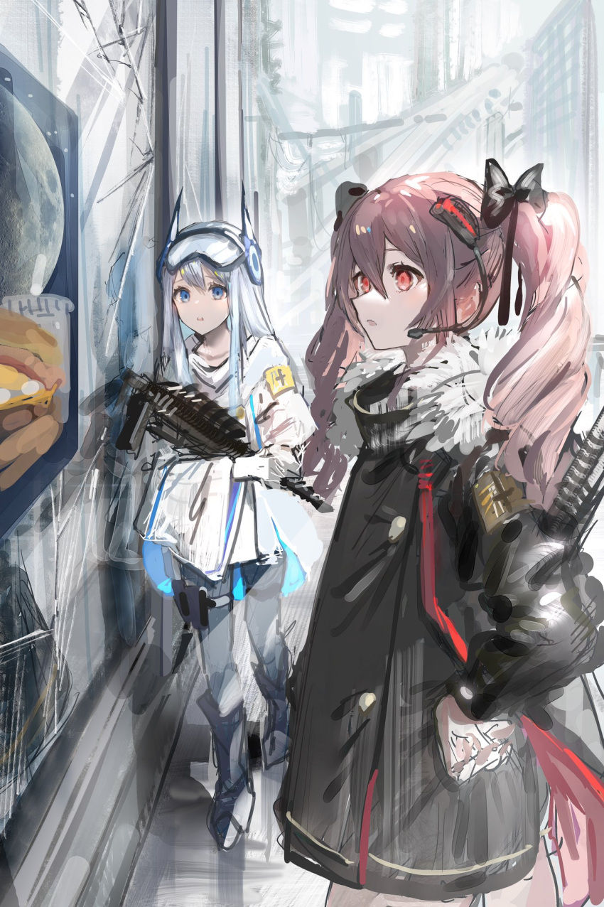 2girls ad armband black_jacket blue_eyes blue_footwear blue_legwear boots commentary_request fur-trimmed_jacket fur_trim hands_on_hips headset highres holding holding_weapon holster jacket long_hair long_sleeves multiple_girls nanaponi original outdoors parted_lips pink_hair red_eyes thigh_holster twintails visor weapon white_jacket