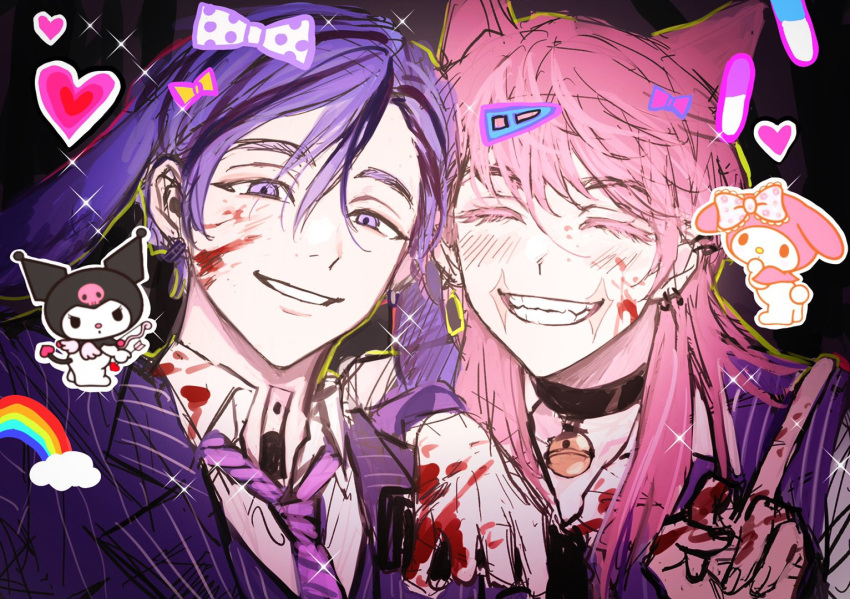 2boys ^_^ animal_ears bangs bell black_collar black_hair blood blood_on_face blood_on_hands closed_eyes collar dog_boy dog_ears earrings grin haitani_ran hand_on_another's_shoulder hand_up heart inmate081486 jacket jewelry kuromi long_hair male_focus middle_finger multicolored_hair multiple_boys my_melody neck_tattoo necktie onegai_my_melody pink_hair purple_hair purple_jacket purple_neckwear purple_vest sanzu_haruchiyo scar scar_on_face shirt short_hair sketch smile tattoo tokyo_revengers two-tone_hair upper_body vest violet_eyes white_shirt