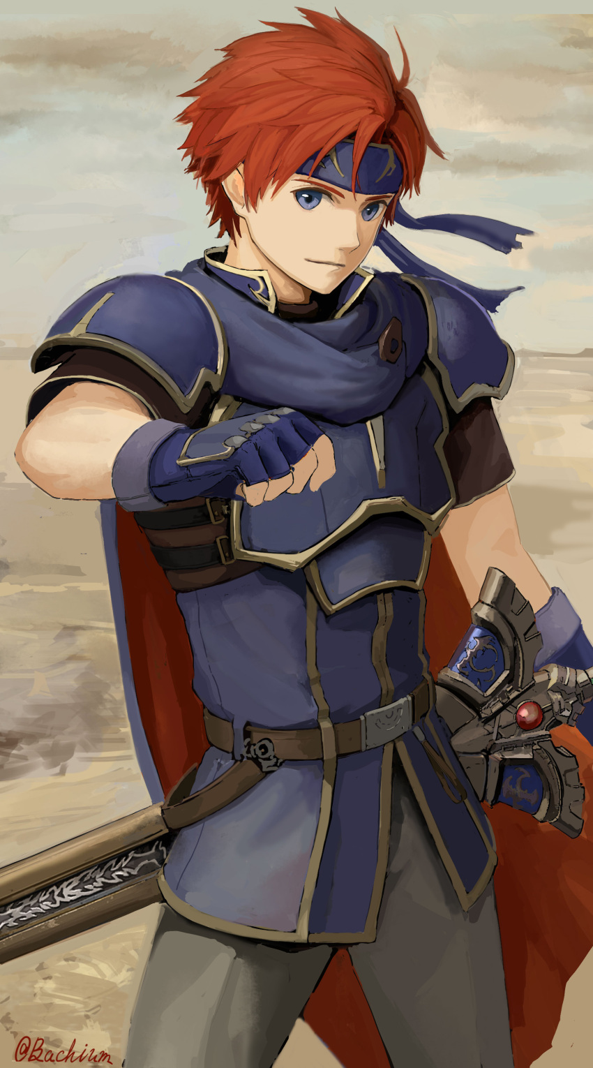 1boy absurdres armor blue_eyes blue_gloves blue_headband blue_jacket breastplate closed_mouth clouds fingerless_gloves fire_emblem fire_emblem:_the_binding_blade gloves grey_pants headband highres jacket male_focus pants redhead roy_(fire_emblem) samohichi short_hair shoulder_armor solo sword twitter_username weapon