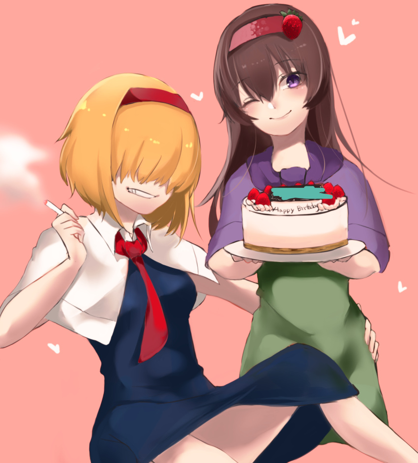 2girls alice_margatroid bangs birthday_cake blonde_hair blue_dress breasts brown_hair cake capelet cigarette closed_mouth collared_capelet commentary_request cookie_(touhou) dare_who_zzzz dress eyebrows_visible_through_hair feet_out_of_frame food food-themed_hair_ornament fruit green_dress grin hair_between_eyes hair_ornament hair_over_eyes hairband hand_on_another's_waist happy_birthday heart highres holding holding_tray ichigo_(cookie) jigen_(cookie) long_hair looking_at_viewer medium_breasts multiple_girls one_eye_closed pink_background purple_capelet red_hairband red_necktie short_hair smile smoking strawberry strawberry_hair_ornament touhou tray violet_eyes white_capelet