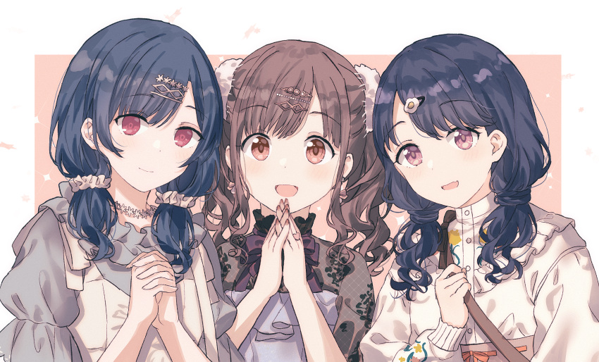 3girls bag bangs blue_hair border brown_eyes brown_hair closed_mouth dress egg_hair_ornament eyebrows_visible_through_hair fangs food-themed_hair_ornament fukumaru_koito gocoli grey_shirt hair_behind_ear hair_ornament hair_scrunchie hairclip highres idolmaster idolmaster_shiny_colors jewelry long_hair long_sleeves looking_at_viewer low_twintails morino_rinze multiple_girls necklace open_mouth outside_border own_hands_clasped own_hands_together pinafore_dress red_eyes scrunchie shirt short_twintails shoulder_bag sidelocks skin_fangs smile sonoda_chiyoko sweater twintails upper_body white_border