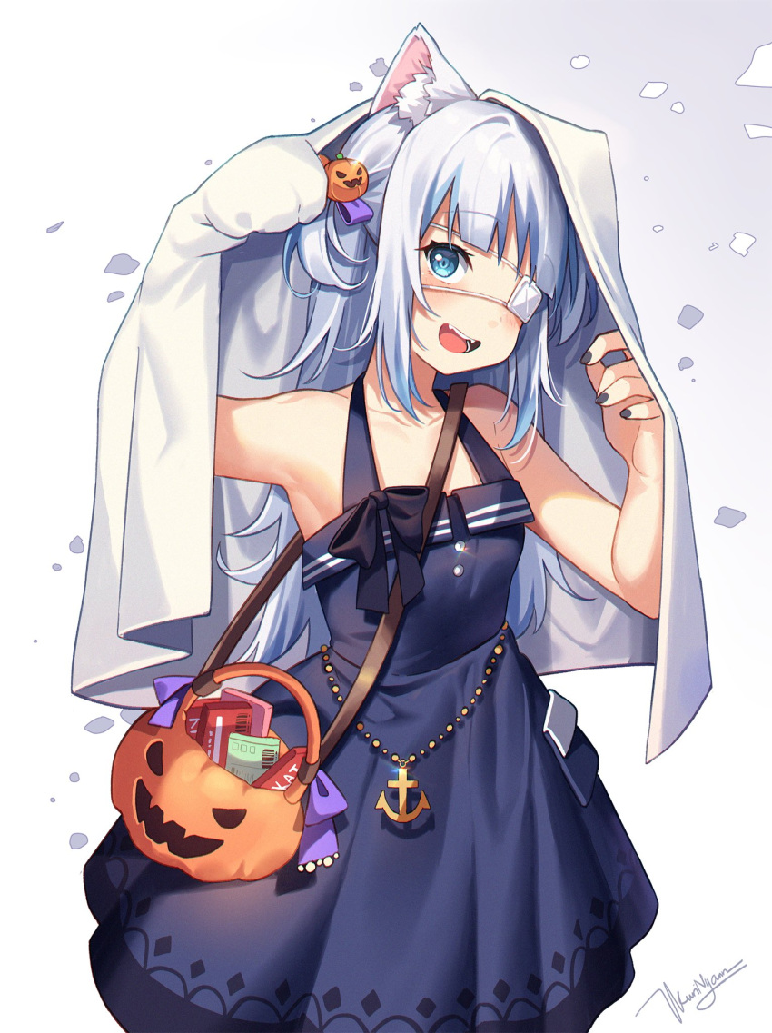 1girl :d animal_ear_fluff animal_ears arm_up bangs bare_arms bare_shoulders black_nails blanket blue_dress blue_eyes blue_hair blush candy cat_ears commentary cowboy_shot dress eyebrows_visible_through_hair eyepatch food food-themed_hair_ornament gawr_gura hair_ornament halloween_bucket halter_dress halterneck hand_up highres hololive hololive_english kuri_(animejpholic) looking_at_viewer medical_eyepatch multicolored_hair nail_polish open_mouth pumpkin_hair_ornament signature silver_hair simple_background sleeveless sleeveless_dress smile solo standing streaked_hair symbol-only_commentary two_side_up virtual_youtuber