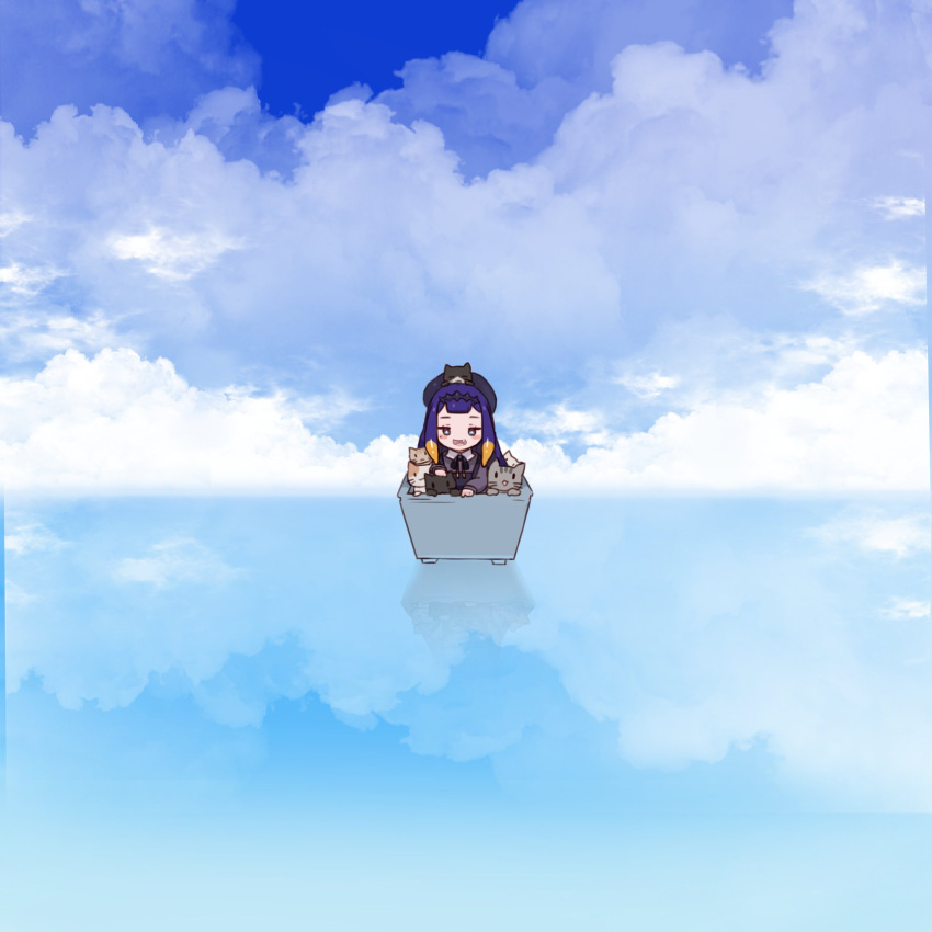 1girl animal_on_head beret black_headwear blue_eyes blue_hair blush cat cat_on_head chibi clouds english_commentary fang hat highres hololive hololive_english minecart minecraft ninomae_ina'nis on_head open_mouth potssmann reflection sky solo virtual_youtuber whiskers