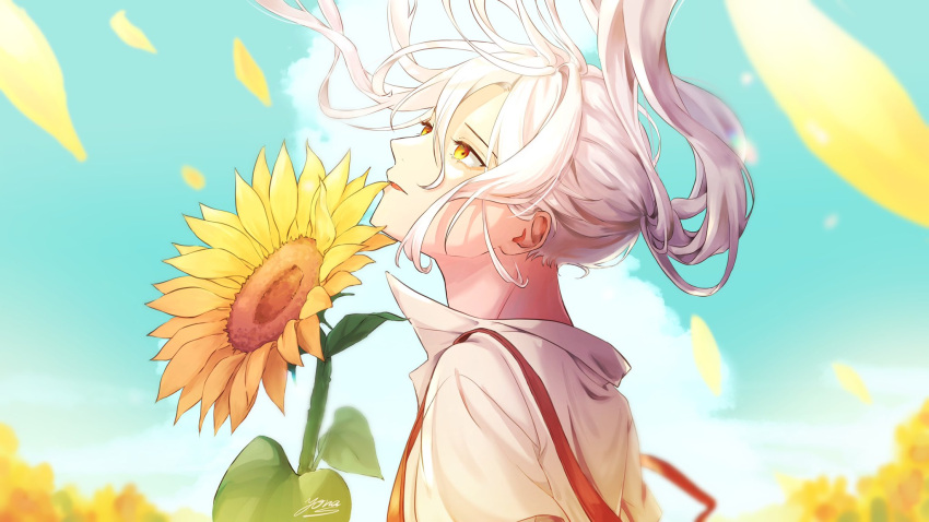 1boy artist_name blue_sky collared_shirt floating_hair flower from_side highres long_hair looking_up male_focus original outdoors petals ponytail shirt short_sleeves sky solo sunflower white_hair wind yellow_flower yona_1225