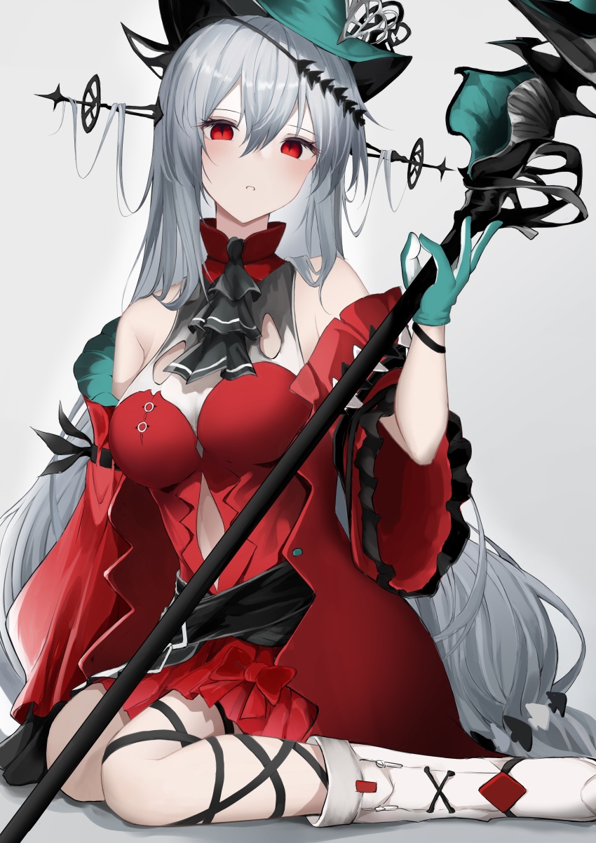 1girl absurdres aqua_gloves aqua_headwear arknights ascot black_ascot boots clothing_cutout commentary_request detached_sleeves dress gloves grey_hair hair_between_eyes hair_ornament hat hat_ornament highres holding holding_staff hyakutarou_(momotar0_4) long_hair looking_at_viewer navel_cutout official_alternate_costume on_floor parted_lips partial_commentary red_dress red_eyes red_sleeves simple_background sitting skadi_(arknights) skadi_the_corrupting_heart_(arknights) solo staff very_long_hair wariza white_background white_footwear