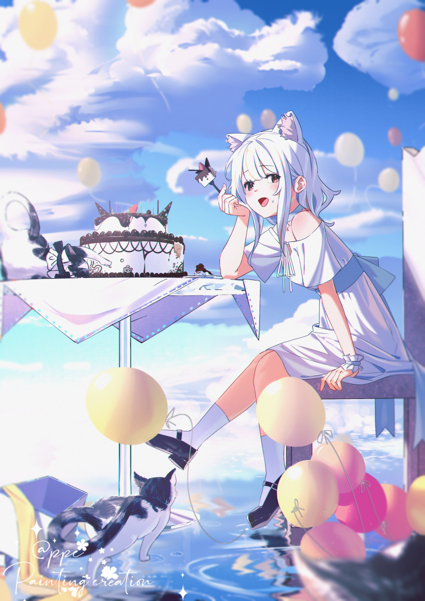 1girl absurdres animal animal_ear_fluff animal_ears balloon bangs bare_shoulders black_footwear blue_choker blue_sky cake cat cat_ears choker clouds cloudy_sky commentary day dress eyebrows_visible_through_hair food fork highres holding holding_fork long_hair looking_at_viewer off-shoulder_dress off_shoulder on_chair original outdoors ppchen red_eyes reflection ripples shoes short_sleeves sitting sky socks solo symbol-only_commentary table water white_dress white_hair white_legwear