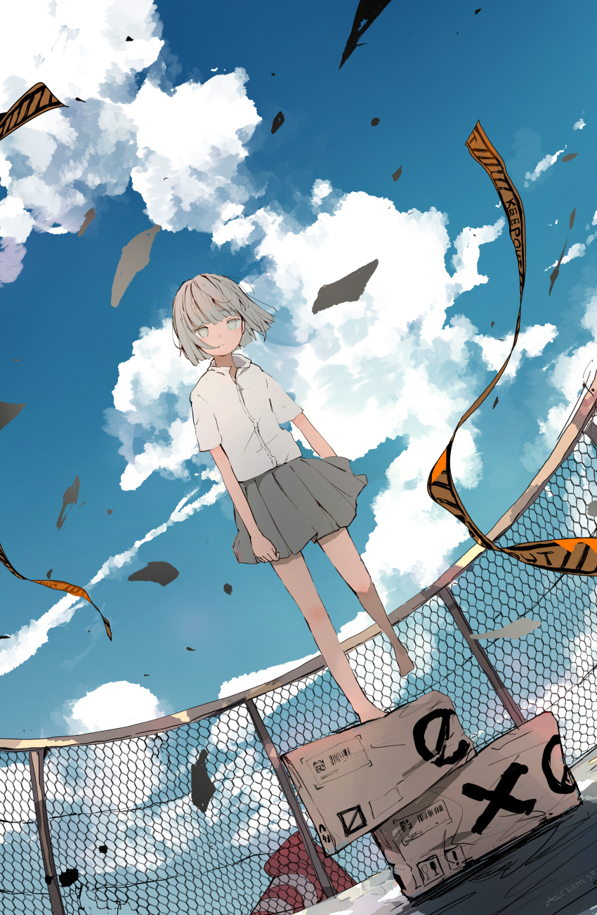 1girl absurdres aiamu_iamu arms_at_sides bangs barefoot blue_sky box cardboard_box caution_tape closed_mouth clouds cloudy_sky collared_shirt commentary_request day dutch_angle fence flat_chest flying_paper full_body grey_eyes grey_hair grey_skirt highres looking_at_viewer original outdoors paper pleated_skirt rooftop shirt short_hair short_sleeves skirt sky solo standing standing_on_one_leg traffic_cone white_shirt