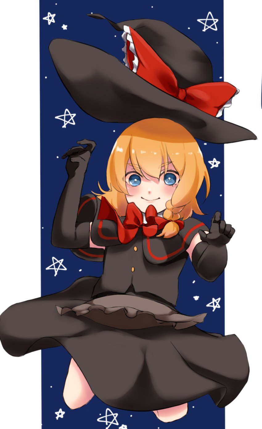 1girl apron bangs black_capelet black_gloves black_headwear black_skirt black_vest blonde_hair blue_eyes blush bow braid bright_pupils brown_apron buttons capelet closed_mouth commentary_request cookie_(touhou) dare_who_zzzz elbow_gloves frilled_apron frilled_bow frills full_body gloves hair_bow hat hat_bow highres jumping kirisame_marisa looking_at_viewer medium_hair meguru_(cookie) red_bow red_bowtie side_braid single_braid skirt smile solo star_(symbol) touhou vest waist_apron white_pupils witch_hat