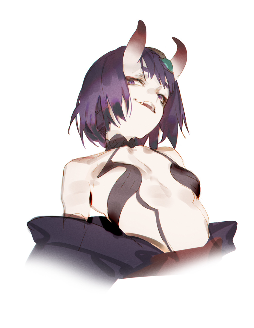 1girl bangs bare_shoulders bob_cut breasts cup eyeliner fate/grand_order fate_(series) headpiece highres hit-kun horns japanese_clothes kimono looking_at_viewer makeup oni oni_horns open_mouth purple_hair purple_kimono revealing_clothes sakazuki short_eyebrows short_hair shuten_douji_(fate) skin-covered_horns small_breasts smile solo upper_body violet_eyes white_background