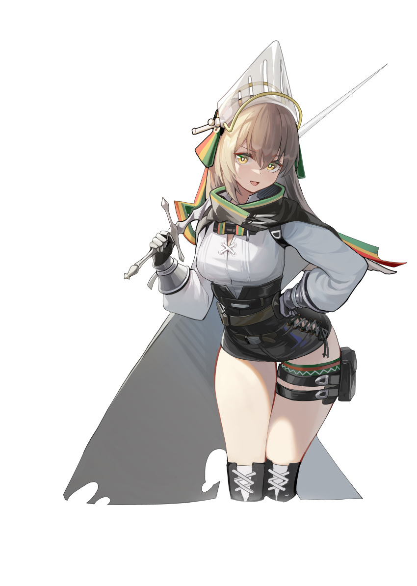 1girl absurdres arknights black_cape black_legwear black_shorts breasts bright_pupils brown_hair cape cropped_legs fartooth_(arknights) gauntlets hand_on_hip helmet high-waist_skirt highres holding holding_sword holding_weapon komi_(komiking) long_hair long_sleeves looking_at_viewer medium_breasts open_mouth shirt shorts simple_background skirt solo standing sword thigh-highs thigh_gap thigh_pouch thigh_strap thighs v-shaped_eyebrows weapon white_background white_shirt yellow_eyes