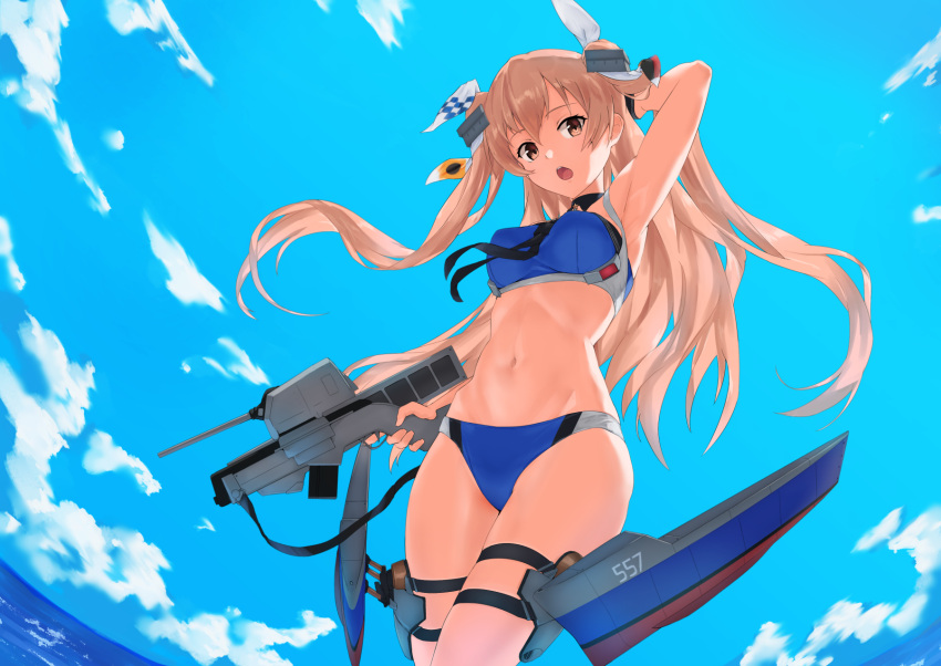 1girl adapted_turret bikini blue_bikini blue_sky breasts brown_eyes cannon clouds day from_below highres johnston_(kancolle) kantai_collection light_brown_hair long_hair medium_breasts navel official_alternate_costume outdoors rigging sky solo standing swimsuit thigh_strap tsukira_(amayadori) turret two_side_up