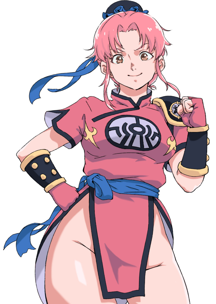 1girl arad_baranga breasts brown_eyes chinese_clothes closed_mouth dragon_quest dragon_quest_dai_no_daibouken dress fingerless_gloves gloves groin highres looking_at_viewer maam pink_hair short_hair simple_background smile solo white_background