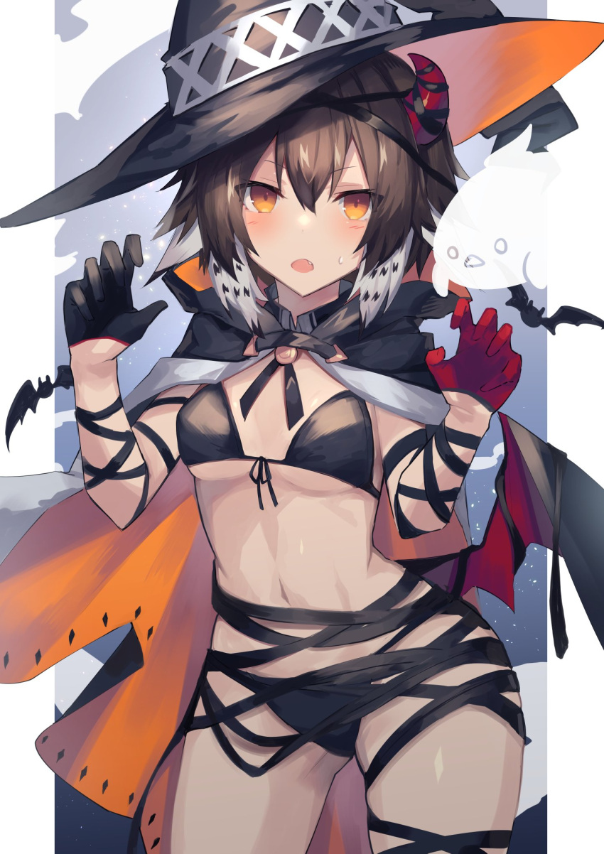 1girl alternate_costume animal arknights asymmetrical_gloves bag bat_wings bikini black_bikini black_cape black_gloves black_headwear blush breasts brown_hair cape claw_pose commentary cowboy_shot demon_horns fang feather_hair front-tie_bikini front-tie_top gloves hair_between_eyes halloween_costume hat highres horns looking_at_viewer mismatched_gloves multicolored_hair navel open_mouth plume_(arknights) red_gloves sasa_onigiri short_hair small_breasts solo stomach streaked_hair swimsuit v-shaped_eyebrows white_hair wings witch_hat yellow_eyes