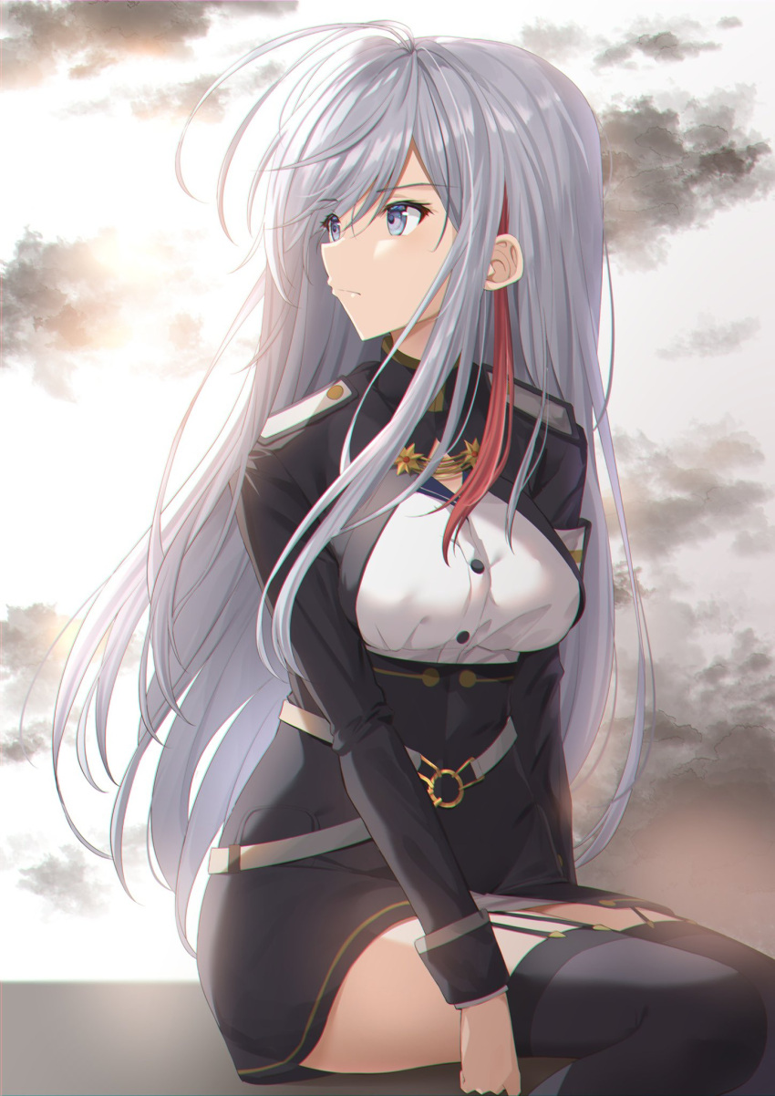 1girl 86_-eightysix- bangs black_legwear black_skirt blue_eyes breasts closed_mouth day dress_shirt eyebrows_visible_through_hair garter_straps hair_between_eyes high-waist_skirt highres kanaria_hisagi long_hair long_sleeves looking_back medium_breasts military military_uniform miniskirt multicolored_hair outdoors redhead shirt silver_hair sitting skirt solo straight_hair streaked_hair thigh-highs uniform very_long_hair vladilena_millize white_shirt zettai_ryouiki