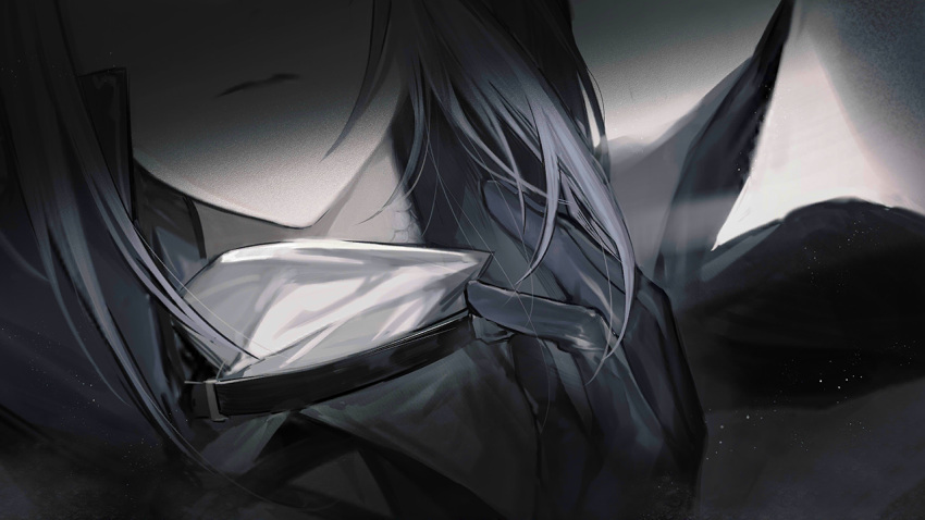 1girl arknights ascot bad_link black_cape black_collar black_gloves cape close-up collar facing_viewer game_cg gladiia_(arknights) gloves grey_hair head_out_of_frame medium_hair portrait scales solo third-party_source white_ascot