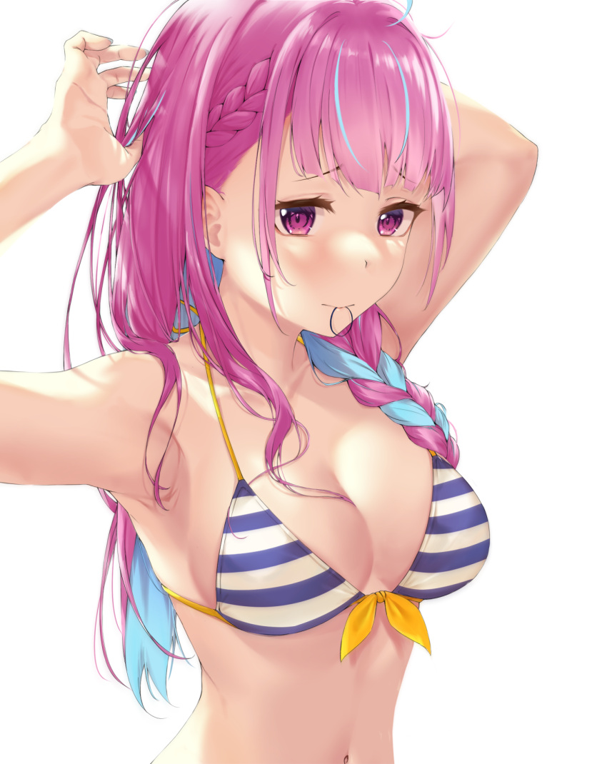 1girl ahoge armpits arms_up bangs bikini blue_hair blunt_bangs braid breasts colored_inner_hair commentary embarrassed french_braid front-tie_bikini front-tie_top hair_tie_in_mouth highres hololive long_hair looking_at_viewer medium_breasts minato_aqua mouth_hold multicolored_hair navel purple_hair sidelocks solo streaked_hair string_bikini striped striped_bikini swimsuit two-tone_hair tying_hair upper_body violet_eyes virtual_youtuber yume1432