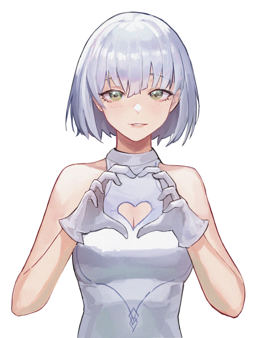 1girl absurdres cleavage_cutout clothing_cutout commentary dress gloves green_eyes grey_background heart heart_cutout heart_hands highres mac_star original parted_lips short_hair simple_background sleeveless sleeveless_dress solo upper_body white_dress white_gloves white_hair