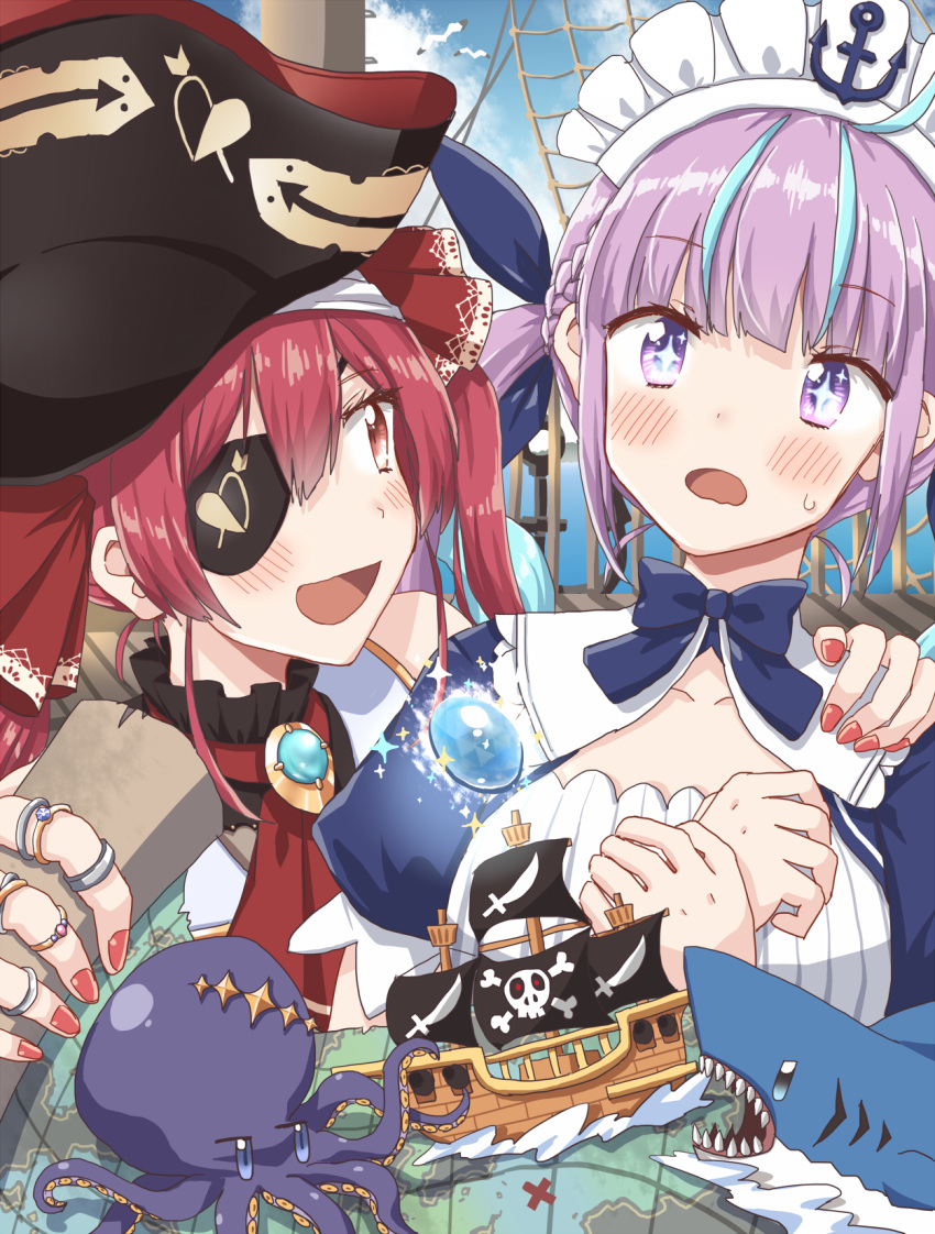 +_+ 2girls animalization any_(lucky_denver_mint) black_eyepatch blush commentary english_commentary eyepatch fingernails highres hololive houshou_marine looking_at_another maid minato_aqua multiple_girls nail_polish octopus pirate purple_hair red_nails redhead shark umisea wavy_mouth