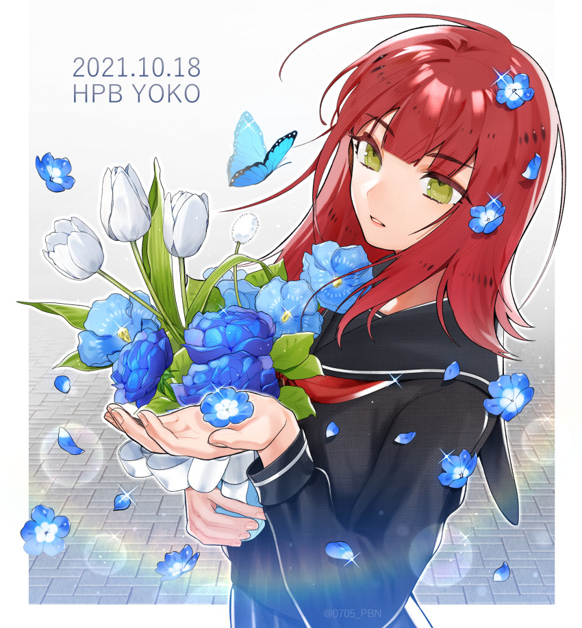 1girl absurdres bangs black_blouse black_serafuku blouse blue_flower bouquet bug butterfly character_name cowboy_shot dated falling_petals flower green_eyes hand_up happy_birthday highres holding holding_bouquet katori_youko long_hair long_sleeves neck_ribbon parted_lips pbn_(user_cdey3224) petals red_ribbon redhead ribbon sailor_collar school_uniform serafuku solo standing white_background world_trigger