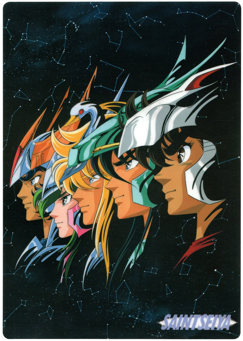 1980s_(style) 5boys absurdres andromeda_shun armor bangs black_eyes black_hair blonde_hair blue_eyes card_(medium) constellation copyright_name cygnus_hyouga dragon_shiryuu green_hair highres male_focus multiple_boys official_art pegasus_seiya phoenix_ikki profile retro_artstyle saint_seiya scan