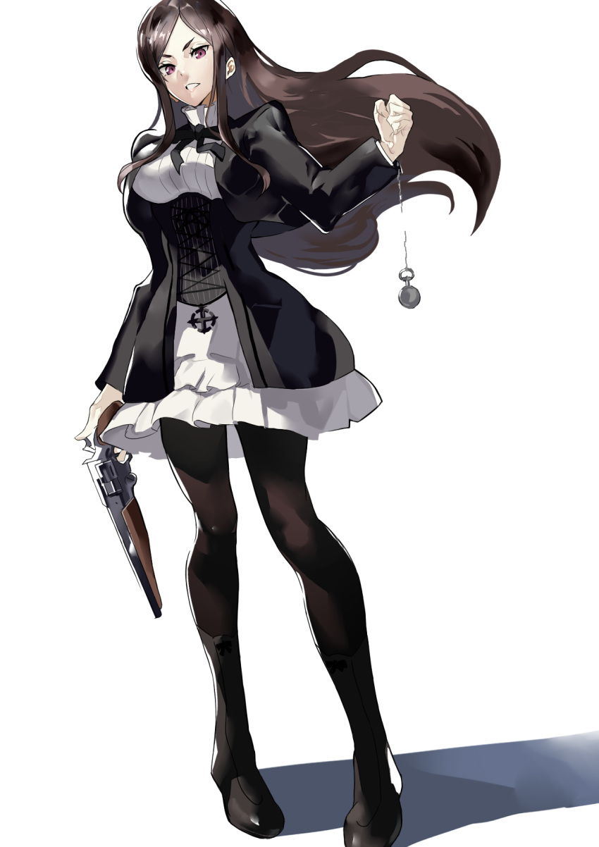 1girl bangs black_jacket black_legwear black_ribbon brown_hair dorothy_(princess_principal) floating_hair full_body gun highres holding holding_gun holding_weapon jacket long_hair long_sleeves miniskirt neck_ribbon open_clothes open_jacket pantyhose parted_bangs princess_principal red_eyes ribbon shirt simple_background skirt solo standing straight_hair tenpikaroi turtleneck underbust very_long_hair weapon white_background white_shirt white_skirt