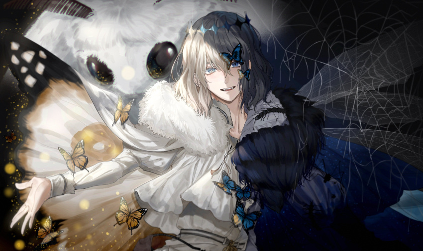 1boy absurdres bug butterfly cape centipede crown fate/grand_order fate_(series) fur-trimmed_cape fur_trim highres insect_wings male_focus moth oberon_(fate) outstretched_arm oversized_insect silk spider spider_web split_theme spoilers wings yurumawari