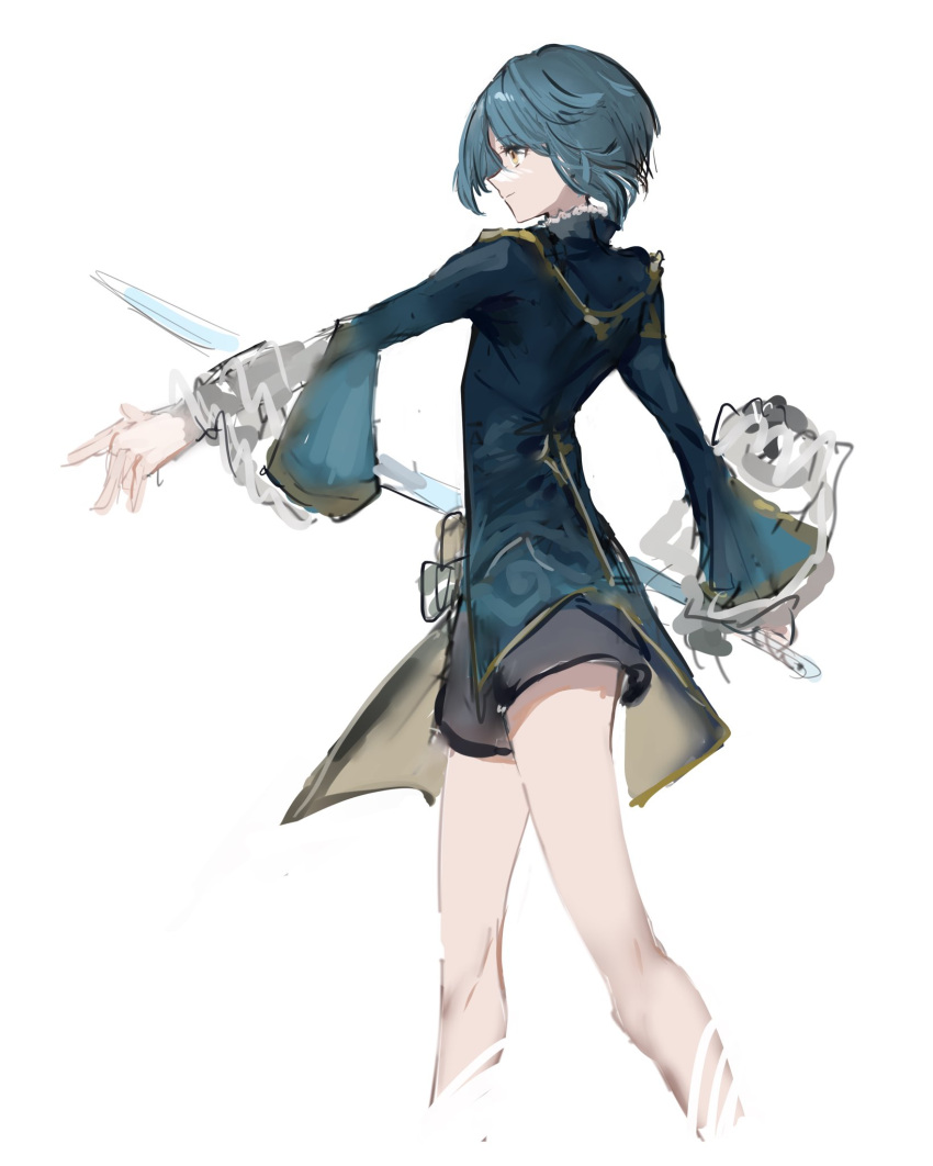 1boy bare_legs black_shorts blue_hair blue_jacket closed_mouth commentary_request eyebrows_visible_through_hair genshin_impact highres holding holding_sword holding_weapon jacket long_sleeves male_focus nanaponi otoko_no_ko profile short_hair shorts simple_background solo sword weapon white_background xingqiu_(genshin_impact) yellow_eyes