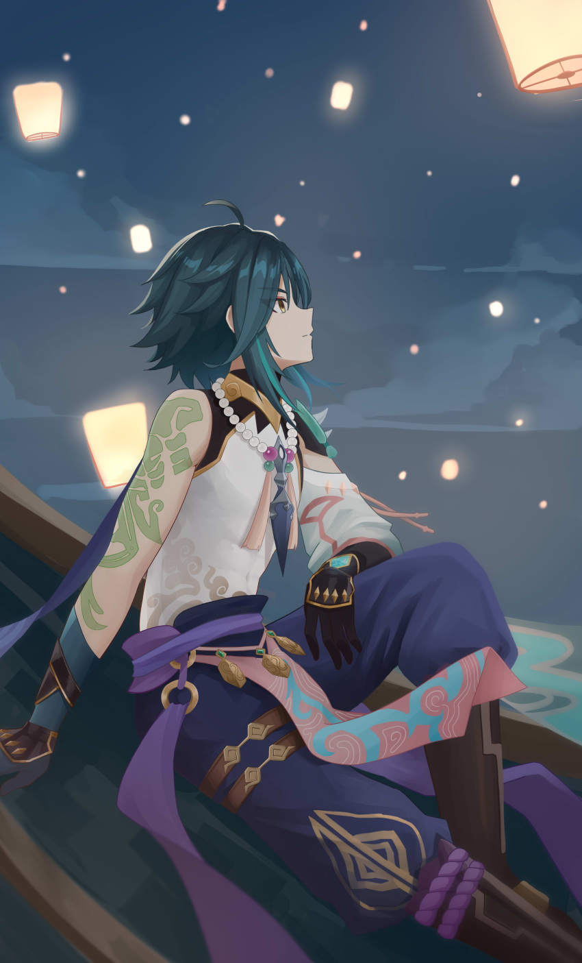 1boy absurdres arm_behind_back arm_on_knee arm_tattoo black_gloves blue_pants boots chinese_clothes closed_mouth detached_sleeves full_body gem genshin_impact gloves gold_trim green_hair highres jewelry knee_up lantern looking_afar looking_up moonct multicolored_hair necklace night night_sky o-ring painting pants single_bare_shoulder single_detached_sleeve sitting sky streaked_hair symbol-only_commentary tattoo two-tone_hair yellow_eyes