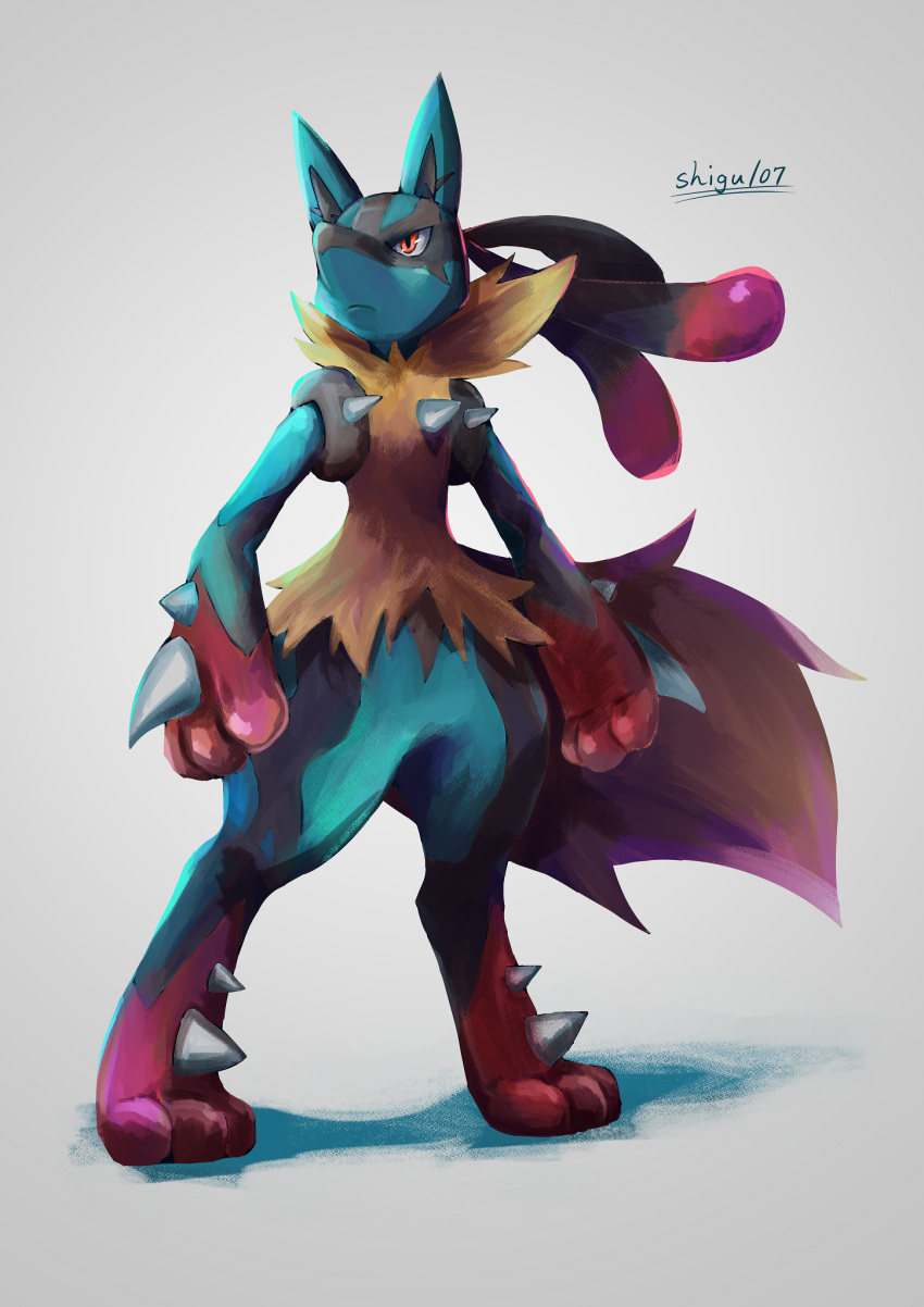 closed_mouth commentary_request frown full_body furry grey_background highres legs_apart looking_up lucario mega_lucario mega_pokemon orange_eyes pokemon pokemon_(creature) shigure_na_hito solo spikes standing toes yellow_fur