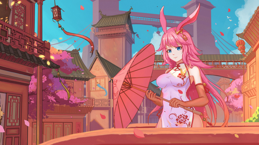 1girl absurdres animal_ears architecture bare_shoulders blue_sky bridge cherry_blossoms china_dress chinese_clothes dress east_asian_architecture elbow_gloves fox_ears gloves highres holding holding_umbrella honkai_(series) honkai_impact_3rd looking_at_viewer outdoors petals red_gloves sky sleeveless sleeveless_dress solo tree umbrella white_dress yae_sakura yeyufeng