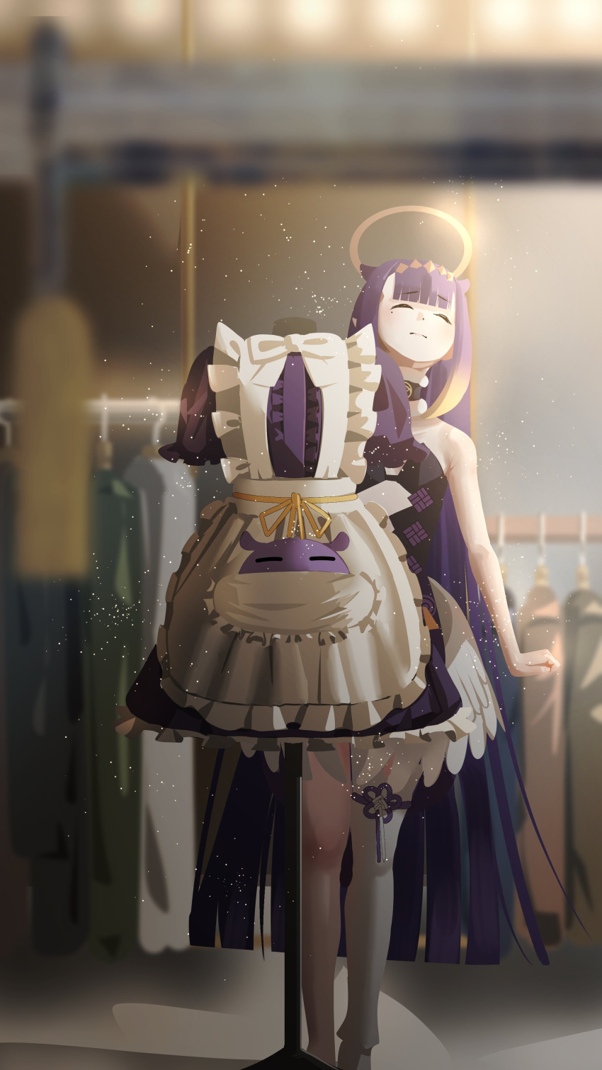 1girl absurdres apron black_dress closed_eyes clothes_rack dress eyebrows_visible_through_hair facing_away flat_chest fur_choker halo highres hololive hololive_english long_hair low_wings maid_apron mole mole_under_eye ninomae_ina'nis purple_hair single_thighhigh solo strapless strapless_dress tako_(ninomae_ina'nis) tentacle_hair thigh-highs tube_dress very_long_hair virtual_youtuber wings yamaharu_(xxzf7284)