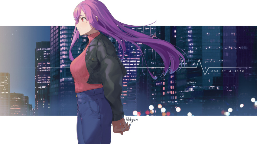 1girl arms_behind_back artist_name bangs black_jacket breasts building casual city_lights cityscape closed_mouth commentary cowboy_shot denim english_text fikkyun from_side high-waist_pants highres hololive hololive_english interlocked_fingers jacket jeans letterboxed long_hair medium_breasts mori_calliope night night_sky open_clothes open_jacket outside_border pants purple_hair red_eyes red_sweater shirt_tucked_in sky skyscraper smile solo standing sweater turtleneck turtleneck_sweater