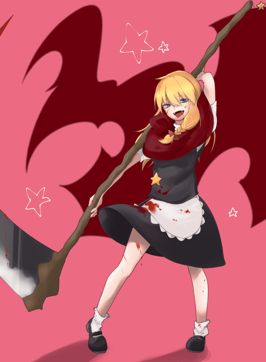 1girl absurdres apron arm_up bangs black_footwear black_skirt black_vest blonde_hair blood blood_from_mouth blood_on_clothes blood_on_face blood_on_weapon blue_eyes bow braid commentary_request cookie_(touhou) dare_who_zzzz eyebrows_visible_through_hair fangs frilled_apron frills full_body hair_between_eyes hair_bow highres holding holding_scythe kirisame_marisa long_hair looking_at_viewer mary_janes open_mouth pink_background red_bow red_scarf scarf scythe shirt shoes side_braid single_braid skirt slit_pupils socks solo star_(symbol) suzu_(cookie) tongue tongue_out touhou unusually_open_eyes vest waist_apron weapon white_apron white_legwear white_shirt