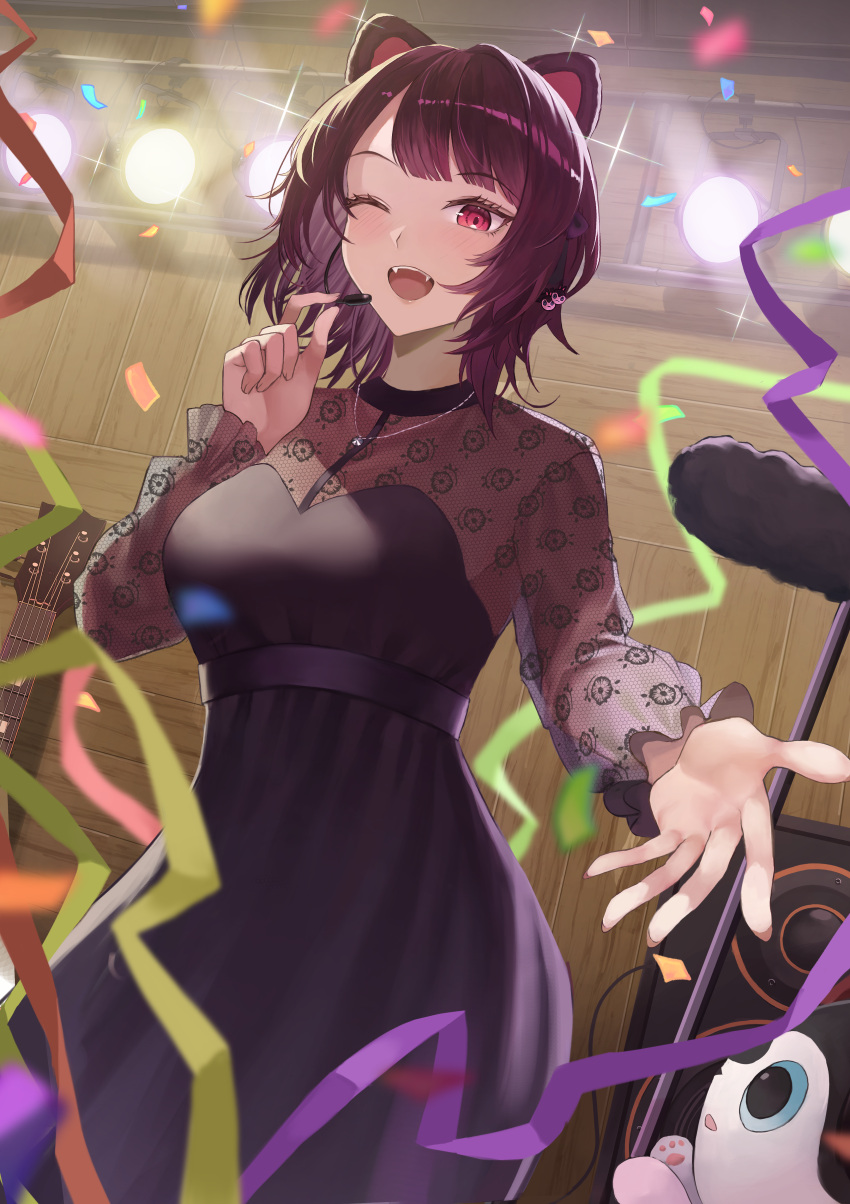 1girl :d ;d absurdres animal_ears bangs black_dress blurry blurry_foreground blush breasts commentary confetti cowboy_shot diffraction_spikes dog_ears dog_hair_ornament dress earpiece eyebrows_visible_through_hair eyelashes fangs guitar hair_ornament highres instrument inui_toko jewelry looking_at_viewer medium_breasts microphone microphone_stand music necklace nijisanji official_alternate_costume one_eye_closed open_mouth outstretched_hand purple_hair saba-kann_(kannsaba) see-through short_hair singing smile solo speaker stage_lights swept_bangs teeth upper_teeth violet_eyes virtual_youtuber wooden_wall