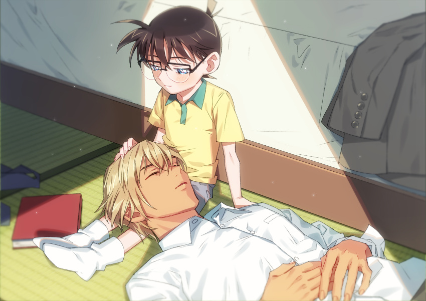 2boys age_difference amuro_tooru bangs bed bedroom black-framed_eyewear blonde_hair blue_eyes blue_necktie blurry blush book brown_hair buttons child closed_mouth collared_shirt commentary_request depth_of_field dress_shirt edogawa_conan fingernails glasses grey_jacket grey_shorts hand_on_another's_head height_difference highres indoors jacket jacket_removed k_(gear_labo) long_sleeves looking_at_another looking_down lying male_focus meitantei_conan multiple_boys necktie necktie_removed no_shoes on_back on_floor parted_lips shadow shirt short_hair short_sleeves shorts sitting sleeping socks t-shirt white_legwear white_shirt yellow_shirt