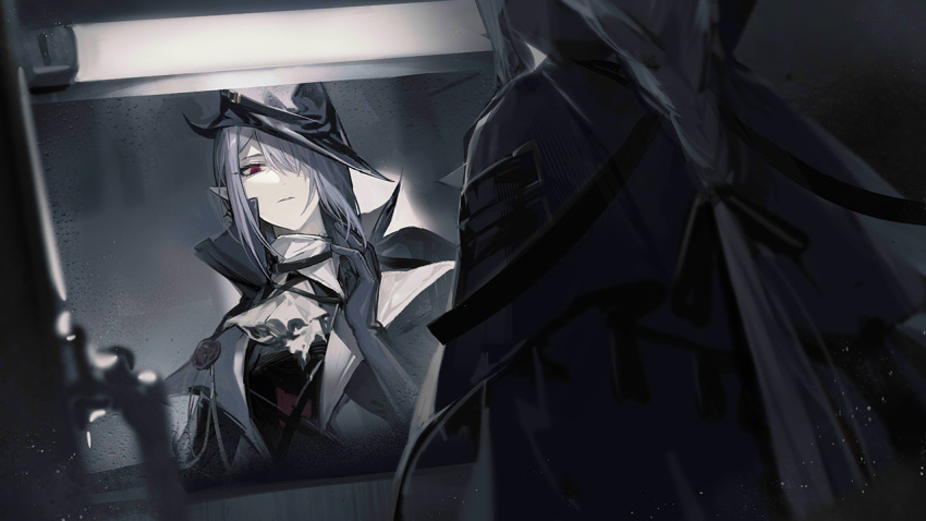 1girl arknights bad_link black_cape black_collar black_gloves black_headwear cape collar elbow_gloves game_cg gladiia_(arknights) gloves grey_hair hair_over_one_eye hat looking_at_viewer medium_hair mirror pointy_ears red_eyes reflection sidelocks solo third-party_source upper_body white_ascot