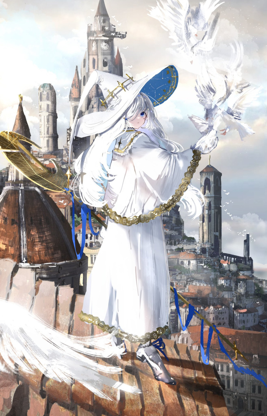 1girl blue_eyes blue_headwear capelet castle city cloak clouds commentary_request fantasy full_body hair_over_one_eye hat highres holding holding_staff long_hair nanaponi original parted_lips solo staff standing two-sided_fabric two-sided_headwear white_bird white_capelet white_cloak white_footwear white_hair white_headwear witch_hat