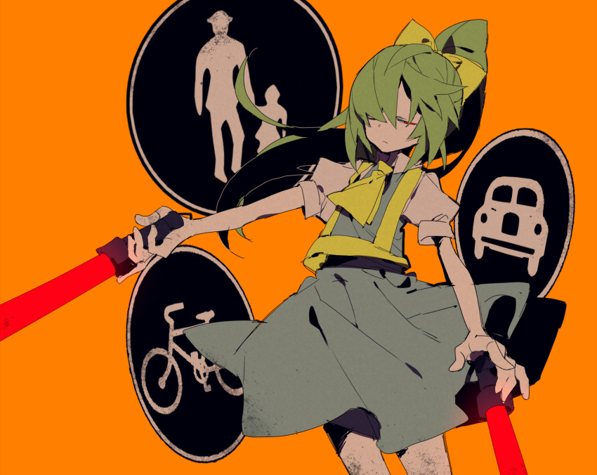 1girl alternate_eye_color bangs blue_shirt blue_vest bobo_(nicoseiga29478507) bow closed_mouth commentary cookie_(touhou) daiyousei diyusi_(cookie) dual_wielding expressionless feet_out_of_frame green_hair hair_between_eyes hair_bow half-closed_eyes high-visibility_vest highres holding long_hair looking_at_viewer off orange_background ponytail puffy_short_sleeves puffy_sleeves red_eyes road_sign shirt short_sleeves sign solo touhou traffic_baton vest yellow_ascot yellow_bow