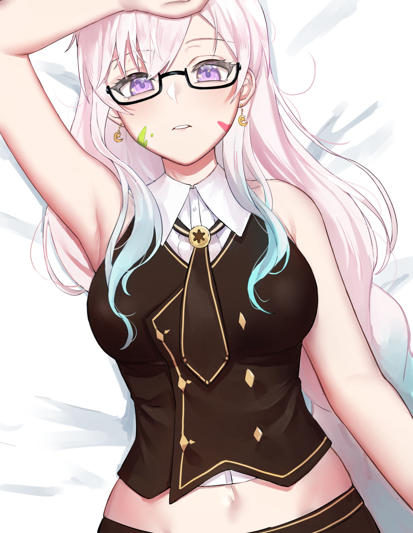 1girl absurdres airani_iofifteen armpits breasts collarbone dobure18 earrings eyebrows_visible_through_hair glasses highres hololive hololive_indonesia jewelry long_hair lying medium_breasts midriff navel necktie on_back paint_splatter paint_splatter_on_face parted_lips pink_hair solo violet_eyes virtual_youtuber