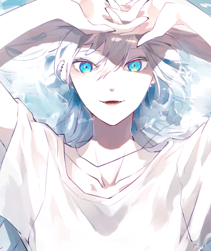 1girl blue_eyes collarbone commentary_request dog_tags ear_piercing earrings hands_up highres jewelry long_hair looking_at_viewer lower_teeth original parted_lips piercing shirt short_sleeves solo stud_earrings t-shirt teeth twitter_username upper_body white_hair white_shirt yagi_(shiro_yagi)