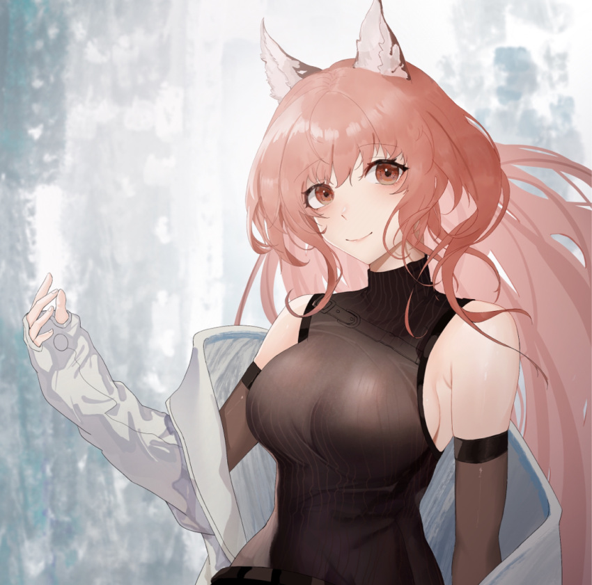 1girl animal_ears bangs bare_shoulders breasts brown_eyes brown_hair commentary eyebrows_visible_through_hair girls_frontline jacket large_breasts long_hair long_sleeves looking_at_viewer mutianliaonaicha off_shoulder open_clothes open_jacket persica_(girls'_frontline) sleeveless sleeveless_turtleneck smile solo turtleneck turtleneck_sweater upper_body white_jacket