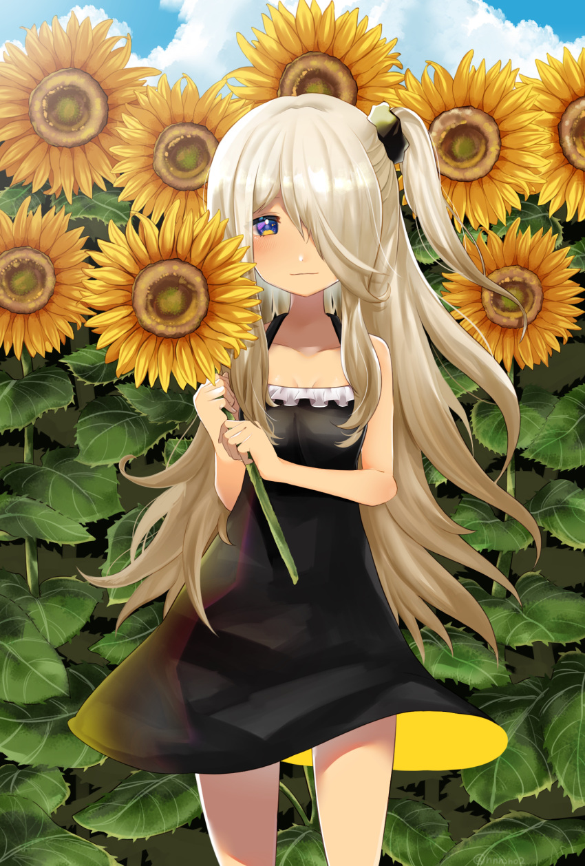 1girl bare_shoulders black_dress blonde_hair blue_sky breasts child closed_mouth clouds collarbone curled_fingers dress flower frills frxe3828 hair_ornament hair_over_one_eye highres holding holding_flower leaf legs_apart long_hair multicolored multicolored_eyes original pink_eyes plant scrunchie side_ponytail sidelocks sky small_breasts solo summer sunflower violet_eyes yellow_eyes