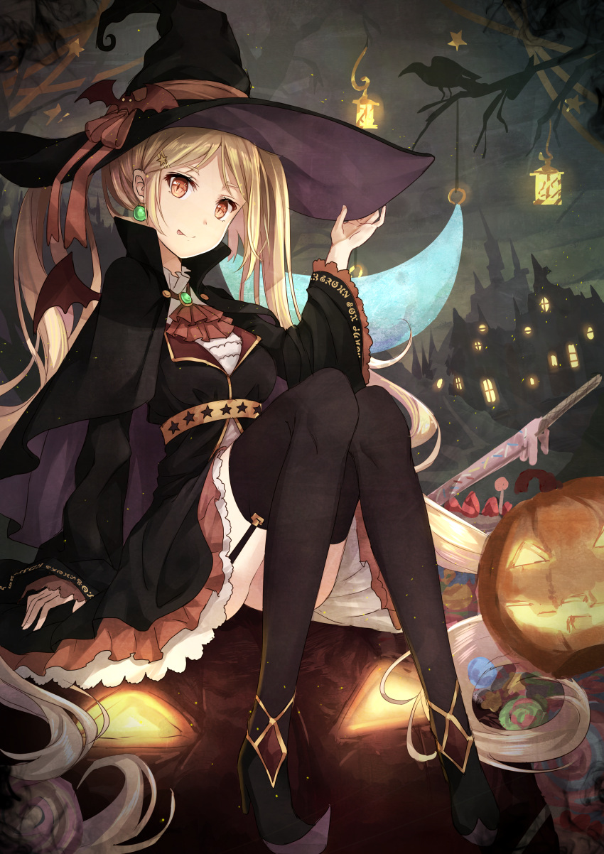 1girl :q absurdres adjusting_clothes adjusting_headwear bird black_legwear blonde_hair brown_eyes cape commentary curly_hair demon_wings earrings english_commentary frilled_skirt frilled_sleeves frills hair_ornament hairclip hat highres jack-o'-lantern jewelry lantern long_hair looking_at_viewer night original ribbon rin_yuu signature sitting skirt slit_pupils solo thigh-highs tongue tongue_out tree twintails twitter_username very_long_hair wide_sleeves wings witch_hat