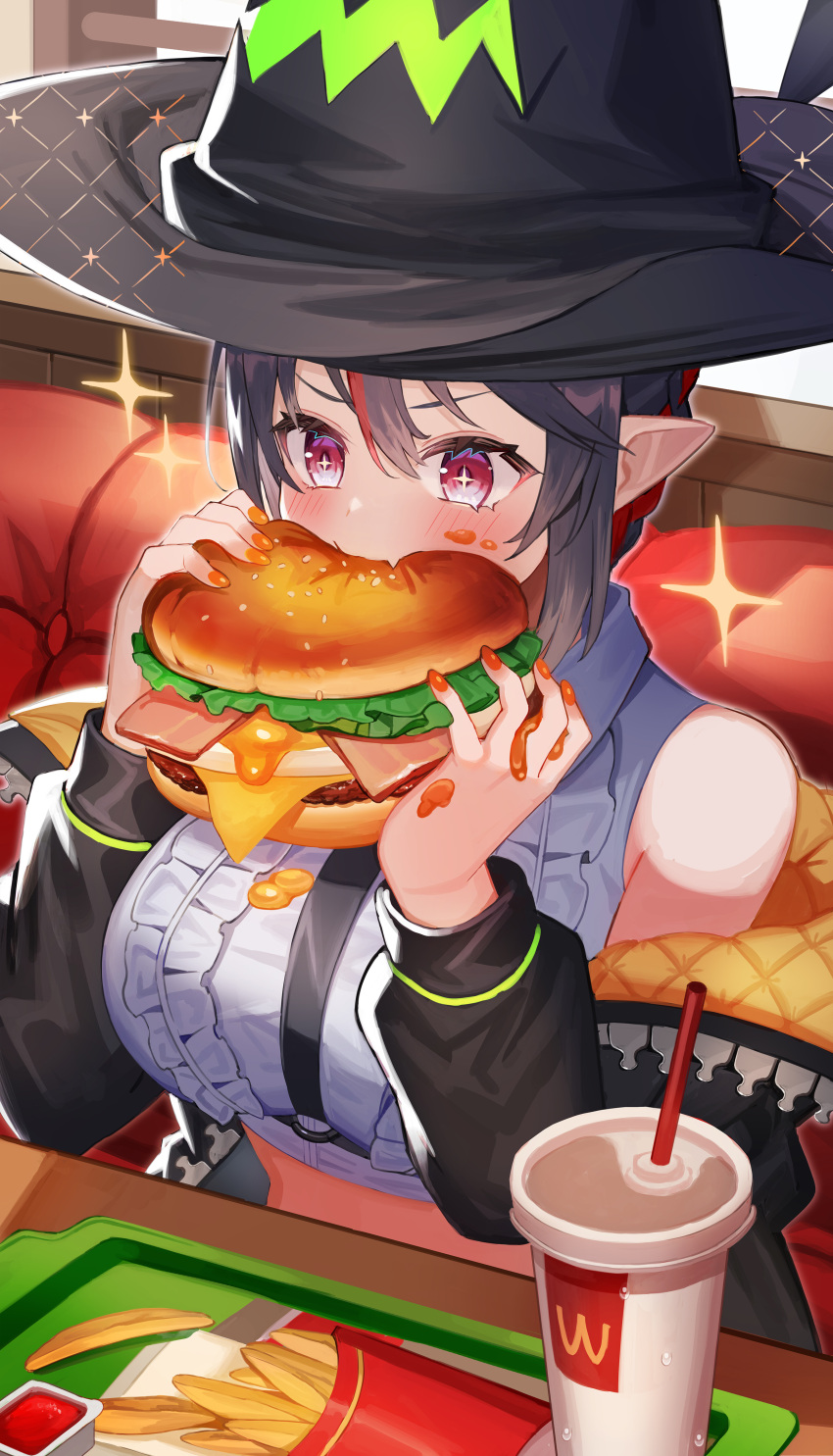 +_+ 1girl absurdres amahara_subaru bangs black_hair black_headwear black_jacket blush burger commentary_request crop_top cup disposable_cup drinking_straw eating fang food food_in_mouth food_on_clothes food_on_face french_fries hair_between_eyes hat highres holding holding_food indie_virtual_youtuber isonade_orca jacket long_sleeves multicolored_hair nail_polish off_shoulder open_clothes open_jacket pointy_ears puffy_long_sleeves puffy_sleeves red_eyes red_nails redhead shirt short_hair sidelocks skin_fang solo sparkle streaked_hair tray virtual_youtuber white_shirt witch_hat