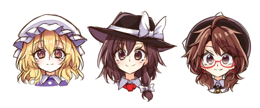 3girls blonde_hair bow brown_hair dress fedora glasses hat hat_bow hat_ribbon keyaki_chimaki low_twintails maribel_hearn multiple_girls necktie purple_dress red_neckwear ribbon short_hair touhou twintails usami_renko usami_sumireko white_background