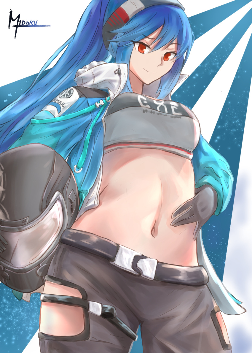 1girl artist_name azur_lane belt black_gloves black_pants blue_hair blue_jacket breasts closed_mouth essex_(a_trip_down_route_66)_(azur_lane) essex_(azur_lane) eyebrows_visible_through_hair feet_out_of_frame from_above gloves grey_tank_top hairband hand_on_own_stomach helmet highres holding holding_helmet jacket long_hair looking_at_viewer medium_breasts midoku motorcycle_helmet navel open_clothes open_jacket pants ponytail red_eyes smile solo tank_top