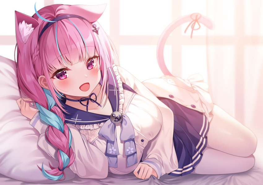 1girl :d anchor_hair_ornament animal_ears bangs blue_bowtie blue_choker blue_hair blue_hairband blue_ribbon blue_sailor_collar blue_skirt blush braid breasts cat_ears cat_girl cat_tail choker extra_ears eyebrows_visible_through_hair frilled_sailor_collar frills hair_ornament hairband highres hololive indoors jacket large_breasts long_hair long_sleeves looking_at_viewer lying minato_aqua multicolored_hair on_bed on_side open_mouth pantyhose pillow pleated_skirt puffy_long_sleeves puffy_sleeves purple_hair reel_(riru) ribbon ribbon_choker sailor_collar shirt skirt smile solo tail tail_ornament tail_raised tail_ribbon two-tone_hair violet_eyes virtual_youtuber white_jacket white_legwear white_shirt