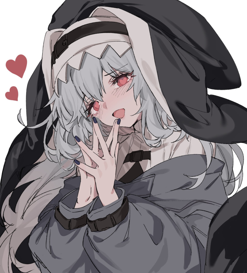 1girl :d aogisa arknights black_capelet black_coat black_dress black_headwear black_nails blush capelet coat dress eyebrows_visible_through_hair fingers_together habit hair_between_eyes heart highres jewelry long_hair looking_at_viewer nail_polish nun red_eyes silver_hair simple_background smile solo specter_(arknights) upper_body white_background