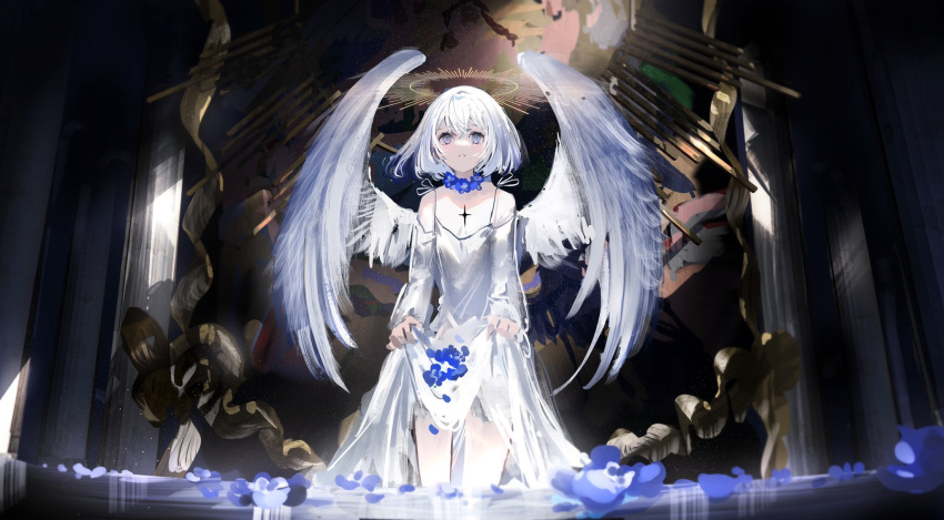 1girl angel_wings blue_flower blurry clothes_lift commentary_request dark_room depth_of_field dress feet_out_of_frame flower grey_eyes halo highres leaning_forward long_sleeves looking_at_viewer nanaponi off-shoulder_dress off_shoulder original parted_lips short_hair skirt skirt_lift solo wading white_dress white_hair wings