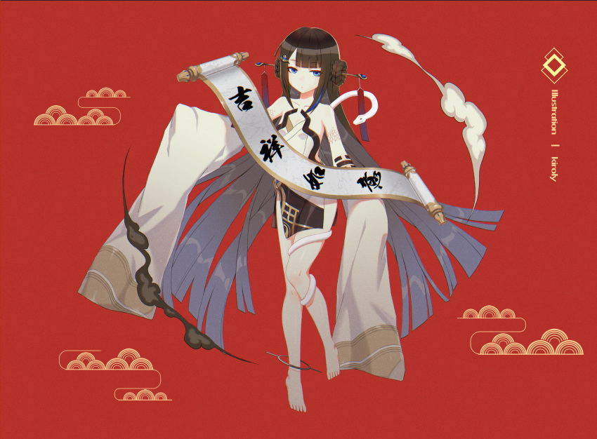 1girl anklet bangs bare_shoulders barefoot blue_eyes brown_hair china_dress chinese_clothes chinese_new_year closed_mouth dress full_body fuxi hair_ornament highres holding holding_scroll honkai_(series) honkai_impact_3rd jewelry kiroly long_sleeves looking_at_viewer new_year red_background scroll simple_background sleeveless sleeveless_dress smoke snake solo toes white_dress white_sleeves